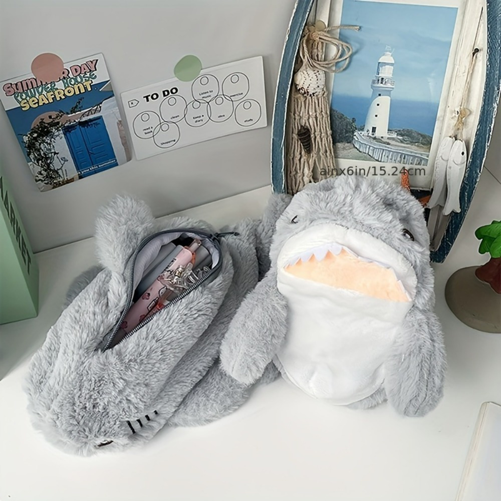 

1pc Adorable Plush Shark Pencil Case - 8.6" Kawaii Gray & White School Supplies Organizer With Zipper For Students, Pencil Case For Girls