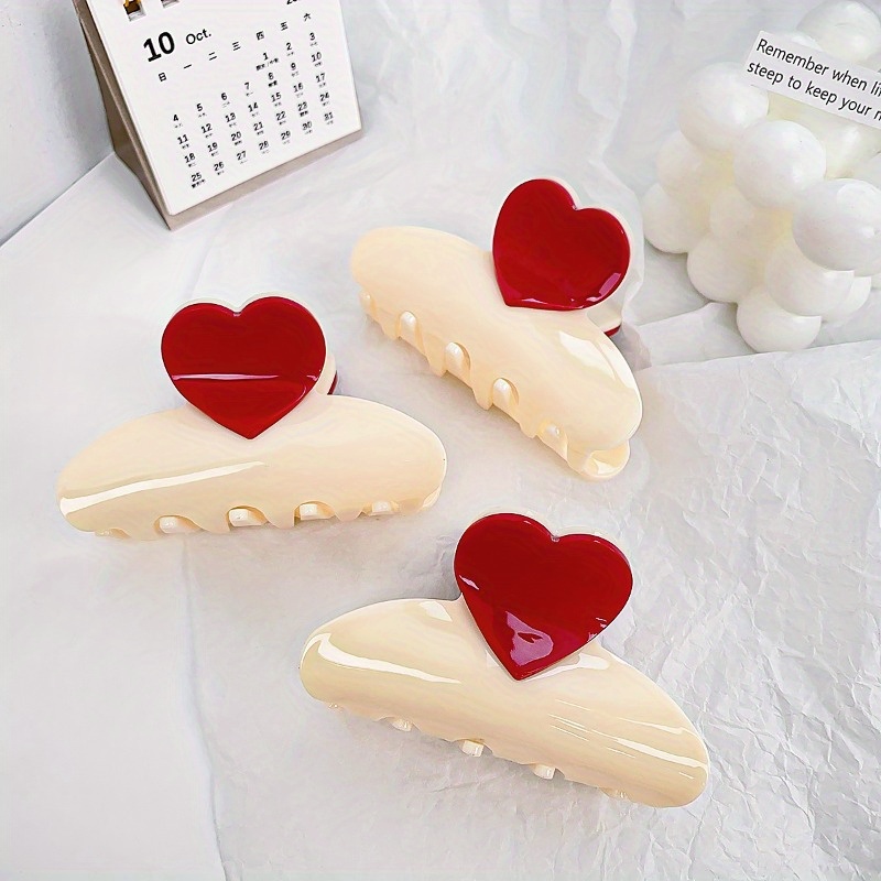 

Elegant Acrylic Hair Claw With Color Matching Heart Design, Big Size Oval-shaped Fashion Hair Clip For Women, Sweet Style Korean Trend Hair Accessory, Suitable For Ages 14 & Up - Single Pack