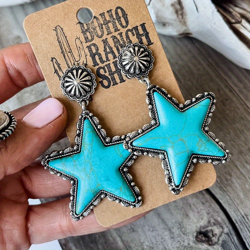 

1 Pair Of Bohemian Style Turquoise Pentagram Alloy Earrings As A Gift For Women