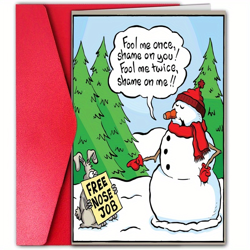 

1pc Christmas Greeting Card With Anime Snowman Cartoon, Funny Holiday Card For Loved Ones, Paper Christmas Card For Anyone - Humorous Snowman Design With "free Nose Job" Joke