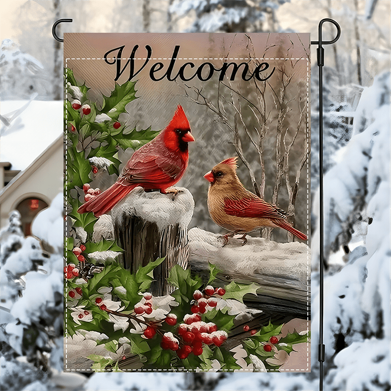 

Welcome & Winter Christmas Garden Flag - Double-sided, Waterproof Burlap, 12x18 Inch - Outdoor Home & Yard Decor