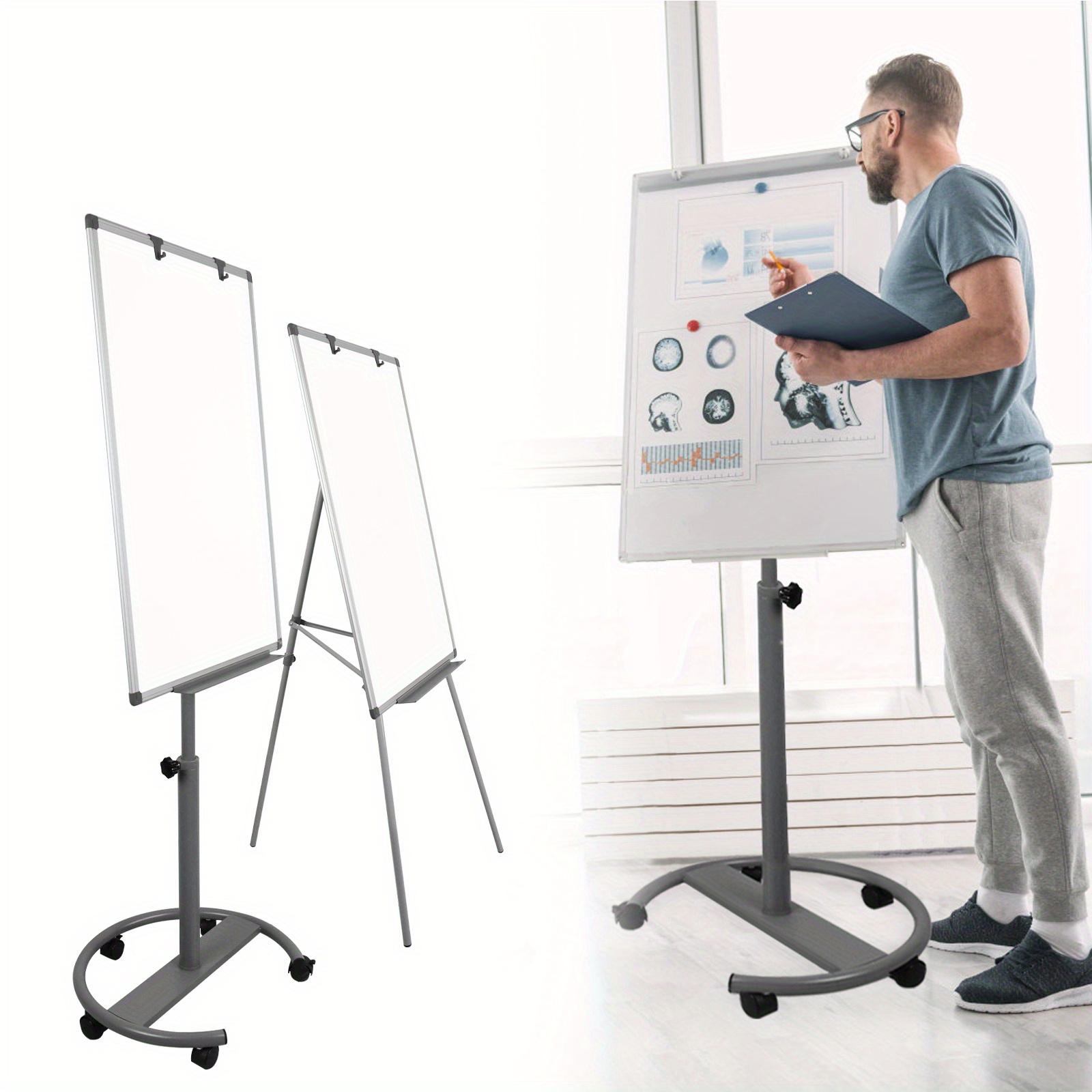 adjustable height flipchart stand with magnetic whiteboard hooks magnets pen storage tray 0