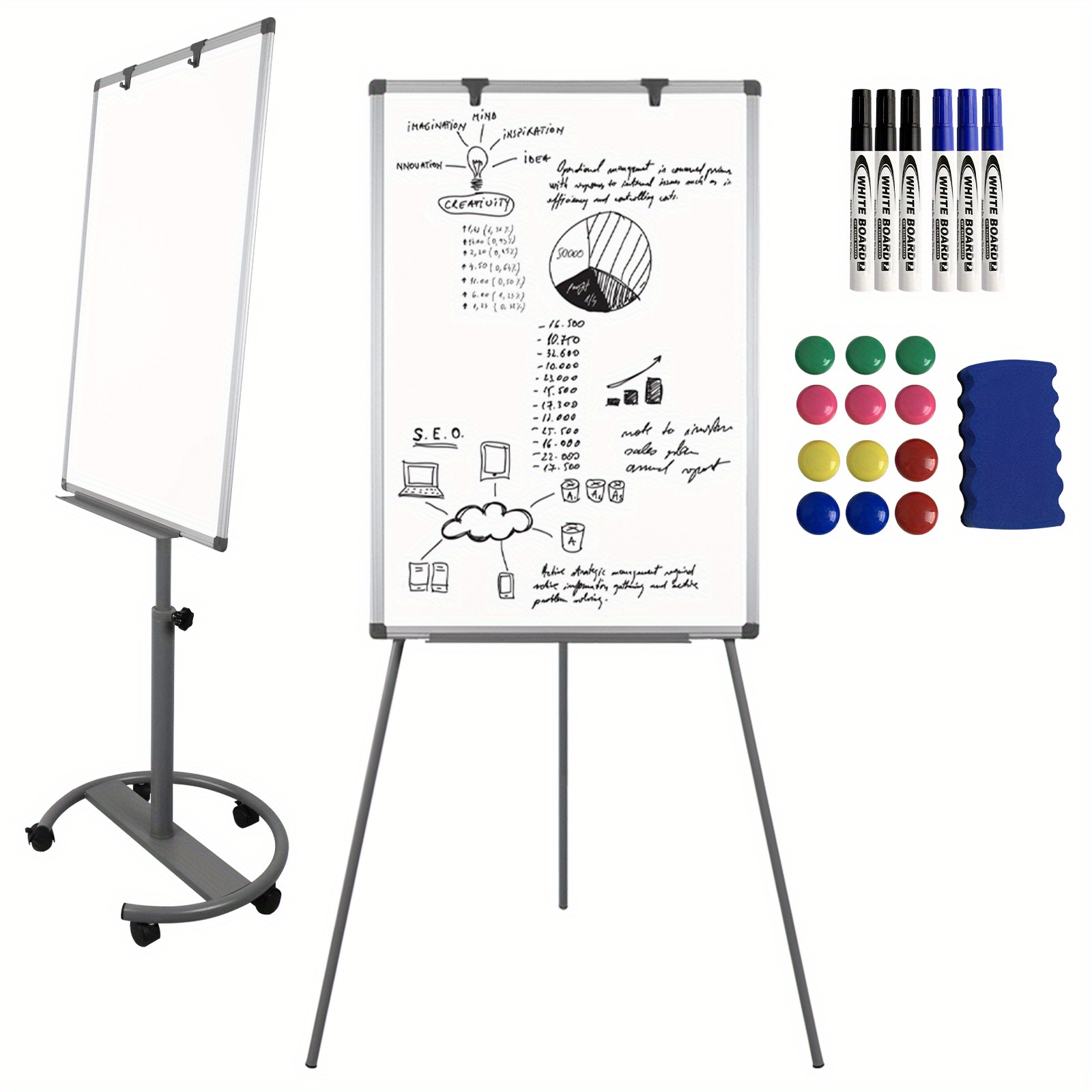 flipchart-ständer mit verstellbarer höhe und magnetischer weißwandtafel,  , magneten und stiftablage