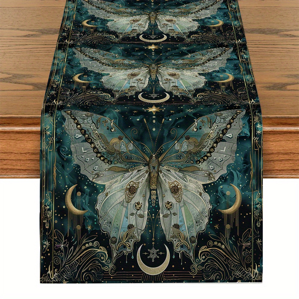 

Butterfly & Floral Table Runner, Polyester, Rectangular, Moon & Plant Design, Perfect For Kitchen & Dining Decor, Party And Home Accent