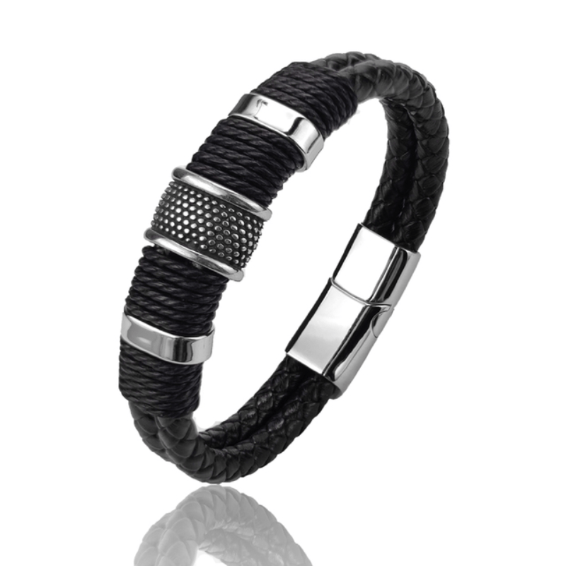TEMU 1pc Stylish Multilayer Men's Bracelet With Brown Faux Leather, Stone Beads, And - Perfect Gift For Any Occasion