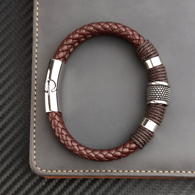 

1pc Stylish Multilayer Men's Bracelet With Brown Pu Leather, Stone Beads, And Stainless Steel - Perfect Gift For Any Occasion