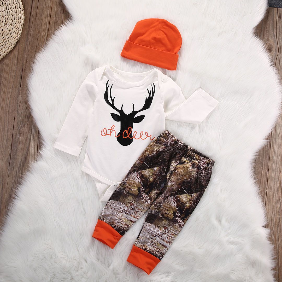 

3 Piece Newborn Babys Clothes Cartoon Antlers Long Sleeve Jumpsuit Personality Print Long Pants With Hat