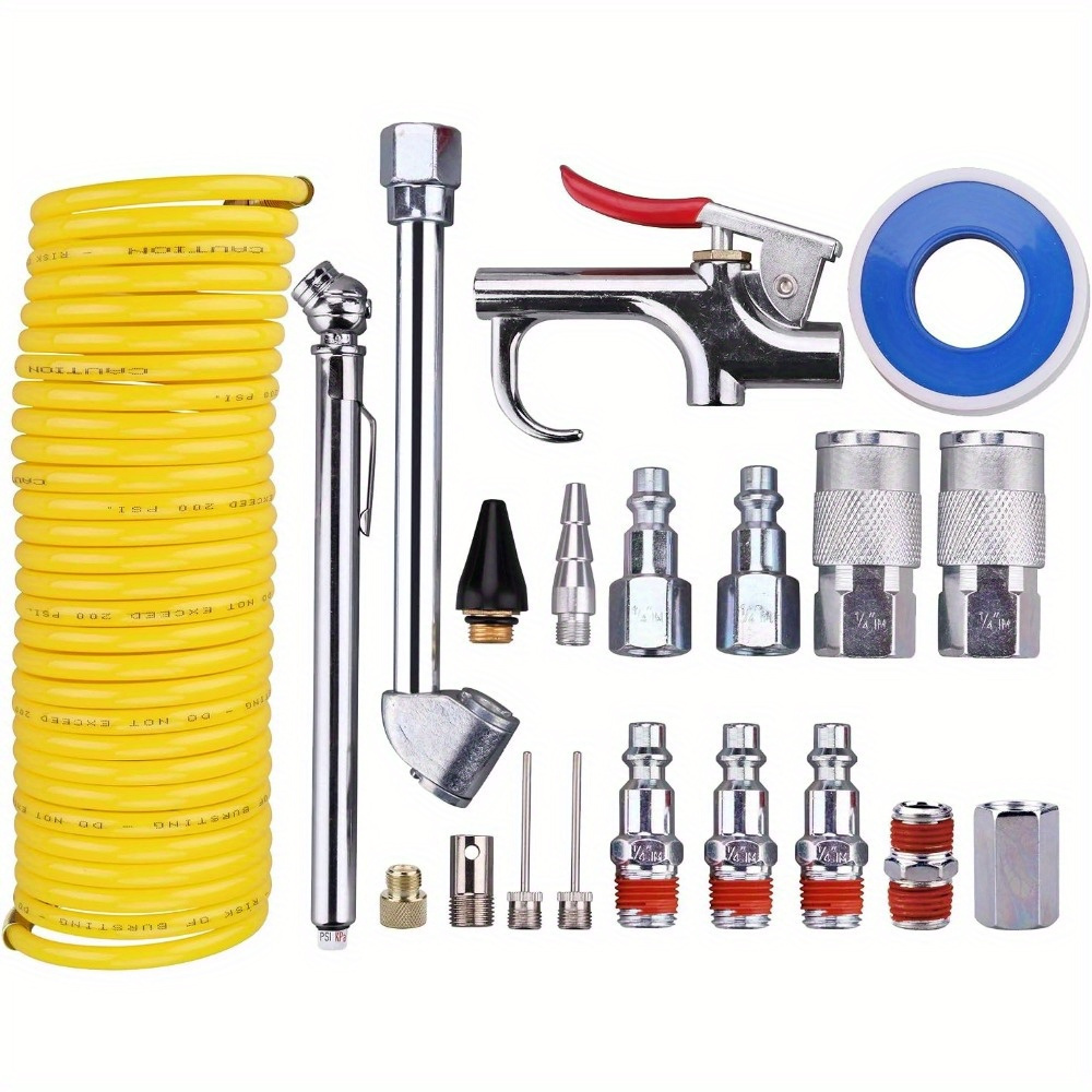 

20-piece Air Compressor Accessory Kit With 1/4 Inch Npt Fittings, Coil Nylon Hose & Tire Gauge - Tool Set For Quick Connect & Seal Without Tape, Compatible Without Electricity Power Supply