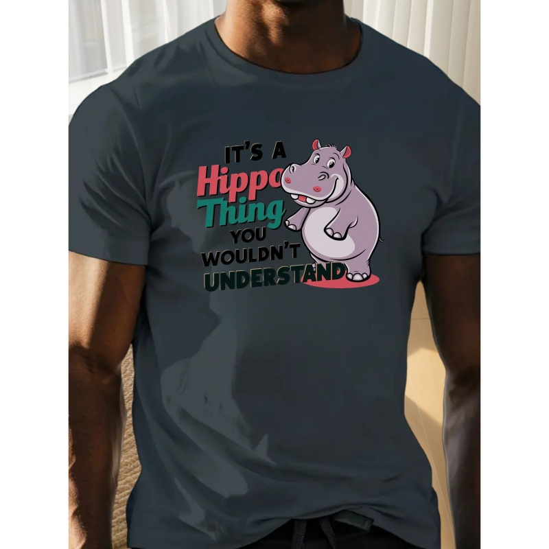 

Plus Size Men's Summer T-shirt, Funny Hippopotamus Graphic Print Short Sleeve Comfy Casual Tops For Daily Life, Big & Tall