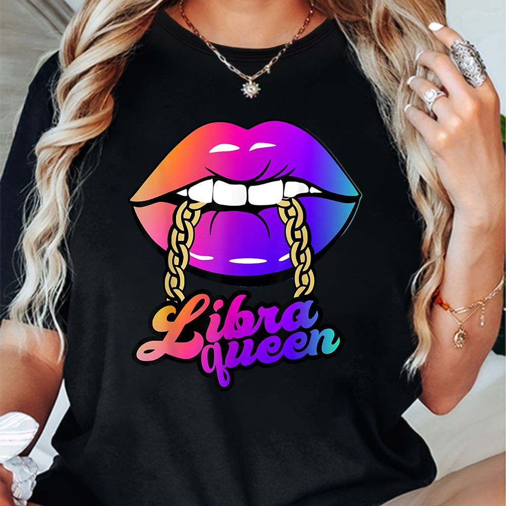 

Libra Queen Printed Crew Neck T-shirt, Spring& Summer Casual Short-sleeved Top, Women's Clothing