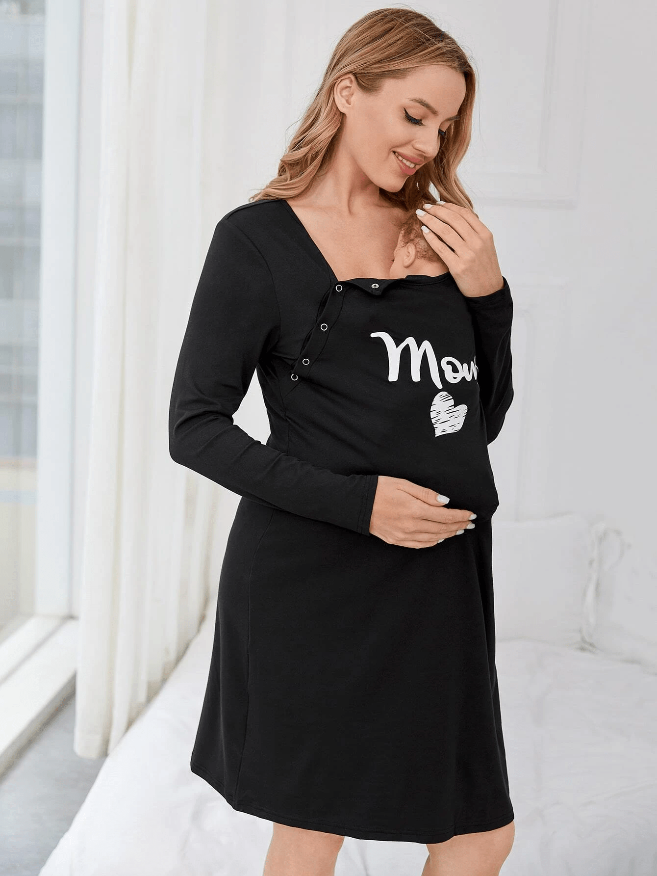 chic black maternity dress long sleeve stretchy - Temu