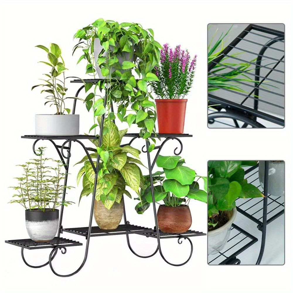 

Elegant 6-tier Black Metal Plant Stand With Decorative Scrollwork - Sturdy Garden & Indoor Flower Shelf, 79x76x22cm, Potted Plants, Plant Lover Gifts