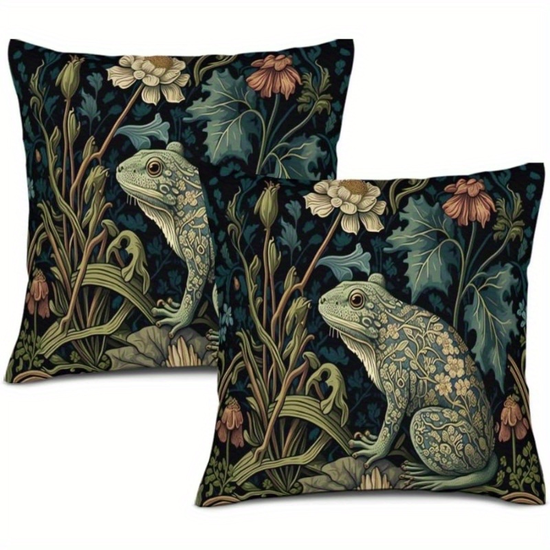 

2-pack Country-rustic Frog And Floral Print Polyester Throw Pillow Covers With Zipper Closure - Woven, Hand Wash Only, Suitable For Room Types