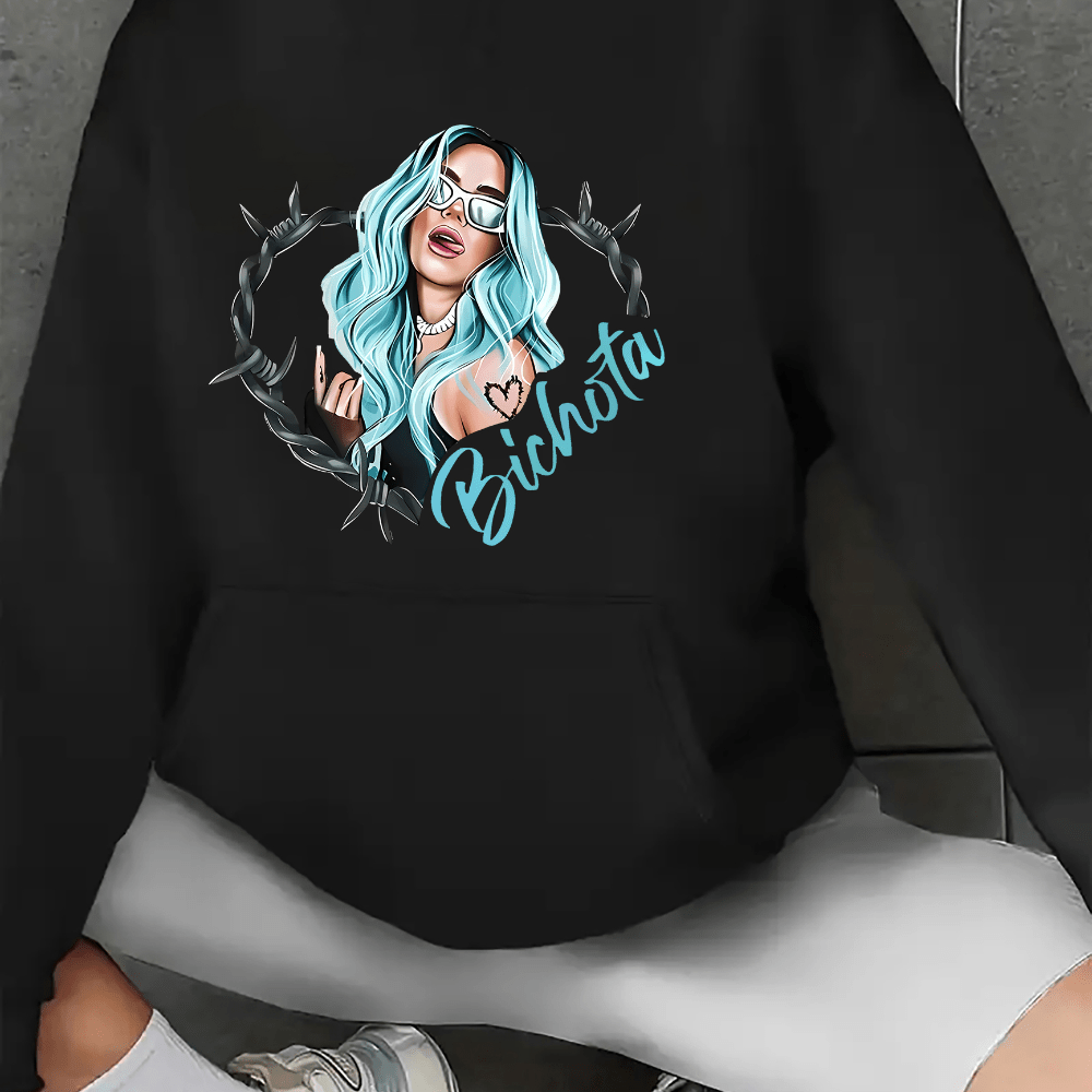 

Fashionable Hooded Sweatshirt With Cartoon Pattern, Drawstring Long Sleeve Front Pocket Sweatshirt, Women's Sports Sweatshirt For Fall & Winter