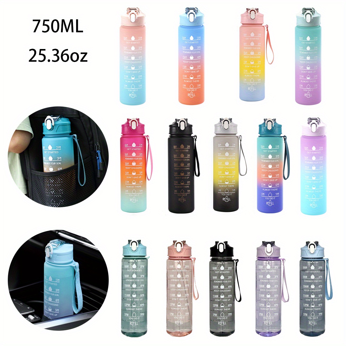 

Anytime 1pcs / 25.36oz Pc+pp Material Plastic Bottle, Gradient Color Motivational Water Bottle - Time Marker For Hydration Tracking, Leak-proof Lock Cover Design, Straw And Hand Strap