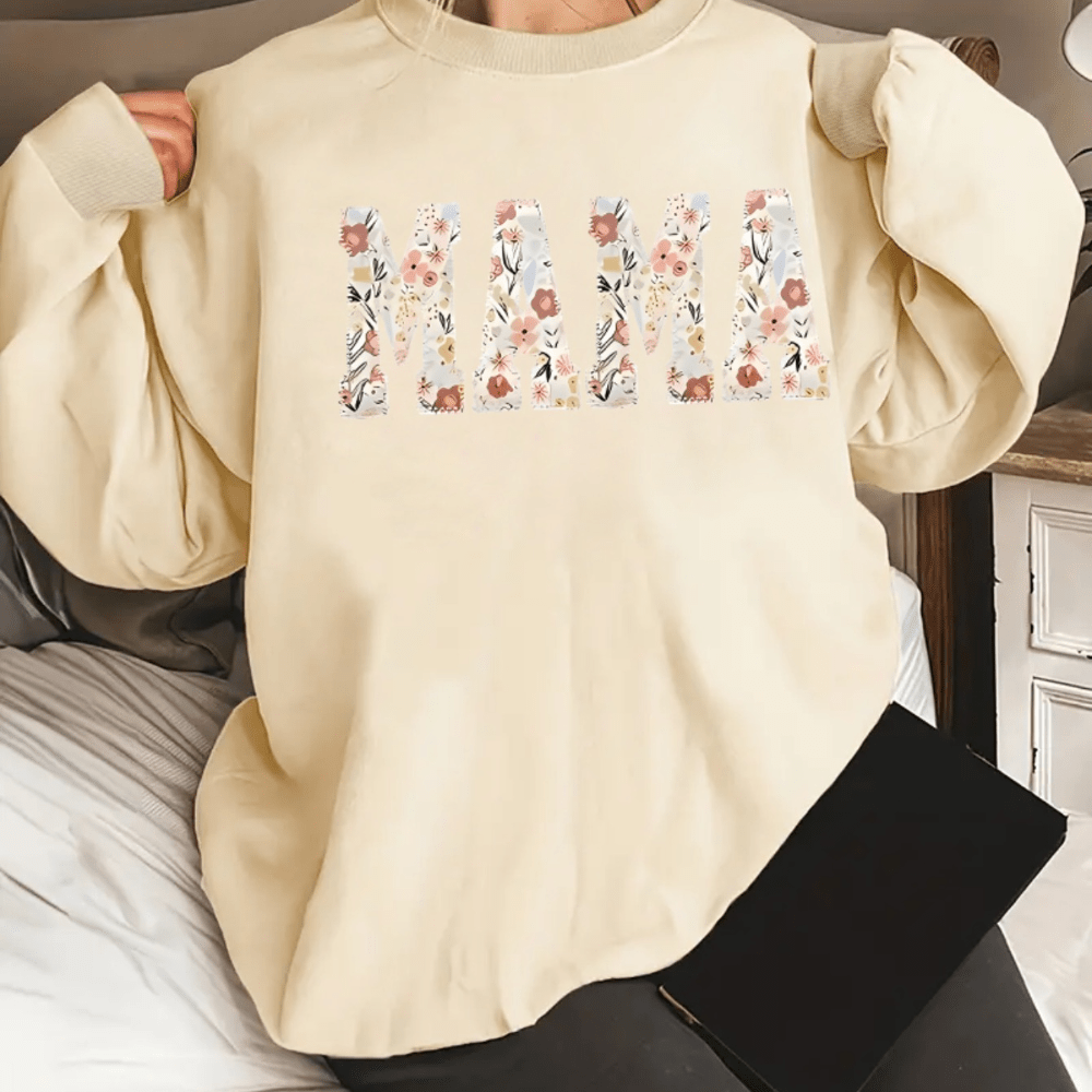 

Mama Print Pullover Sweatshirt, Casual Long Sleeve Crew Neck Sweatshirt For Fall & Winter, Women's Clothing