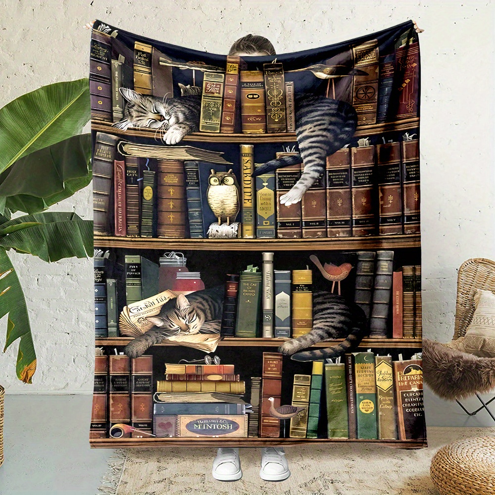 

Cozy Cat On Bookshelf Flannel Throw Blanket - Soft, Warm & Reversible For All - Bed, Sofa, Camping | Machine Washable | Multiple Sizes