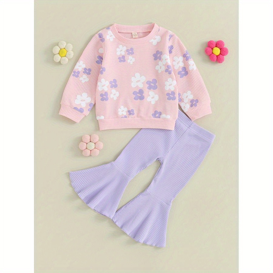 

6 Months-5 Years Kids Baby Girls Fall Clothes Long Sleeve Floral Print Waffle Knit Sweatshirt Pullover Tops Solid Ribbed Flare Pants Bell Bottoms Set Cute Fall Winter Outfits