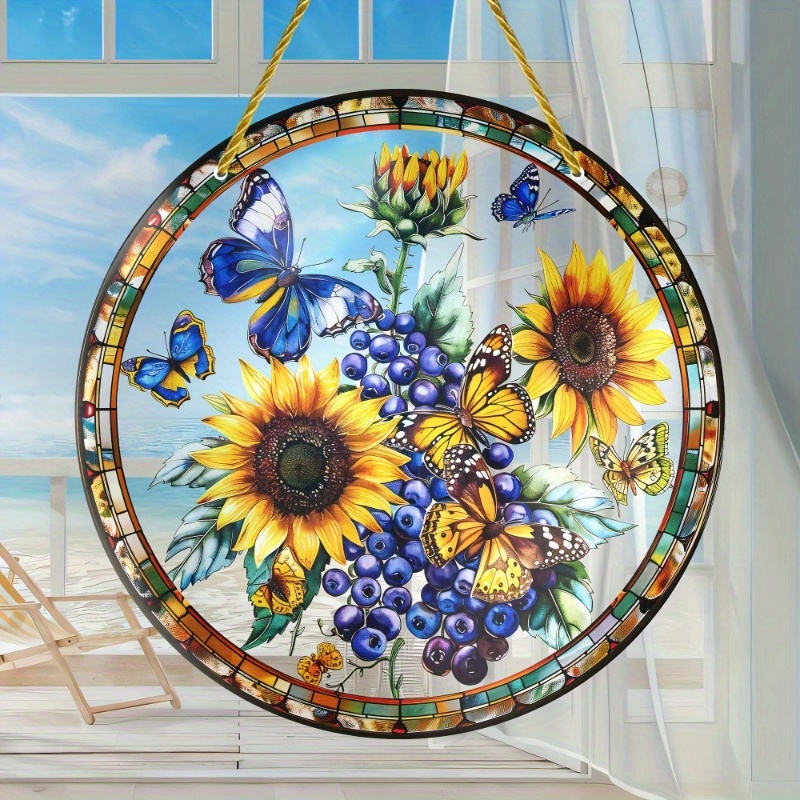 

Charming Sunflower Butterfly Blueberry Suncatcher - Acrylic Translucent Window Door Hanging, Perfect For Home & Garden Decor, Farmhouse Style, Ideal Housewarming & Holiday Gift