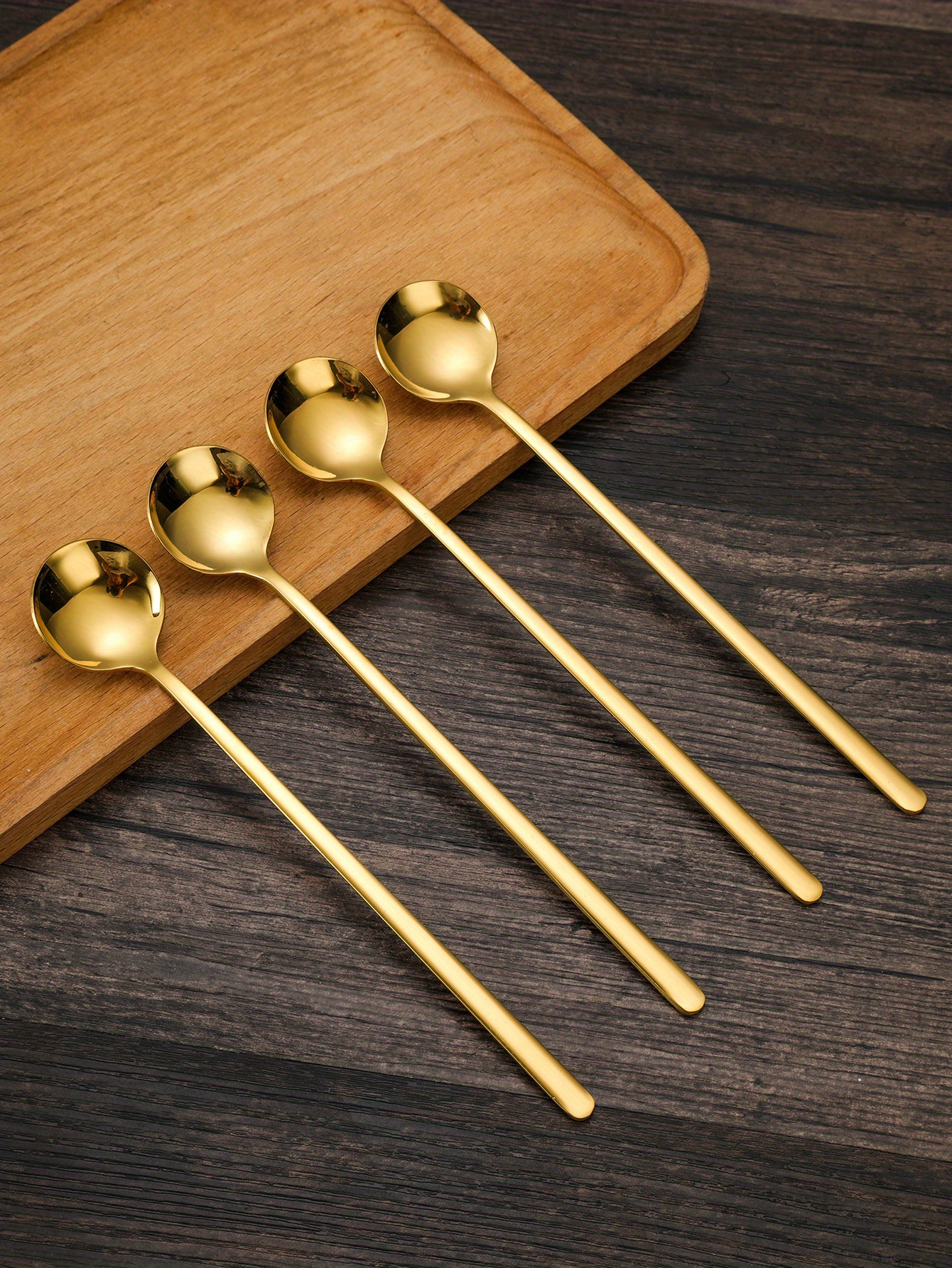 4pcs golden stainless steel long handle coffee spoons small round mixing stirring spoons for coffee tea dessert details 4