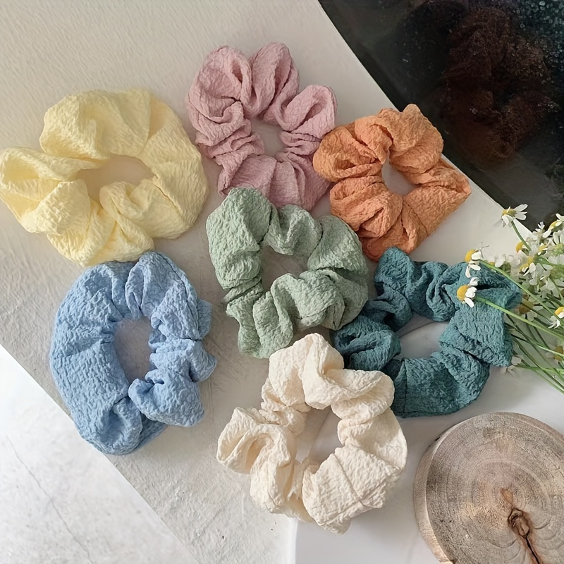 Image of 7pcs Elegant & Scrunchies, Pastel Puff Ponytail Holders, Soft Textured Hair Ties, Gentle Hair Additions For Bun And Ponytail Styles