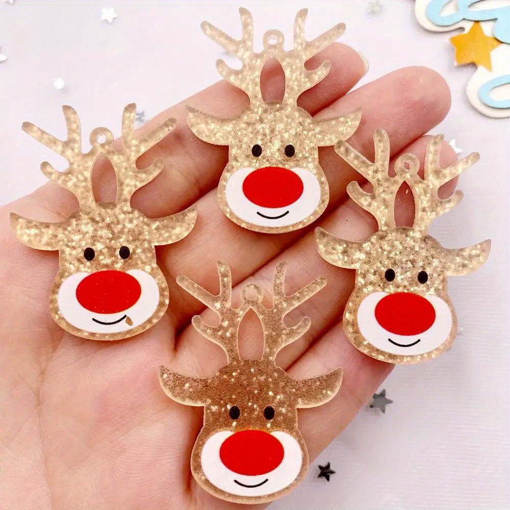 

4pcs Acrylic Glitter Reindeer Head Pendants, Golden Christmas Deer Flatback Charms With Hole For Diy Jewelry & Craft Decorations