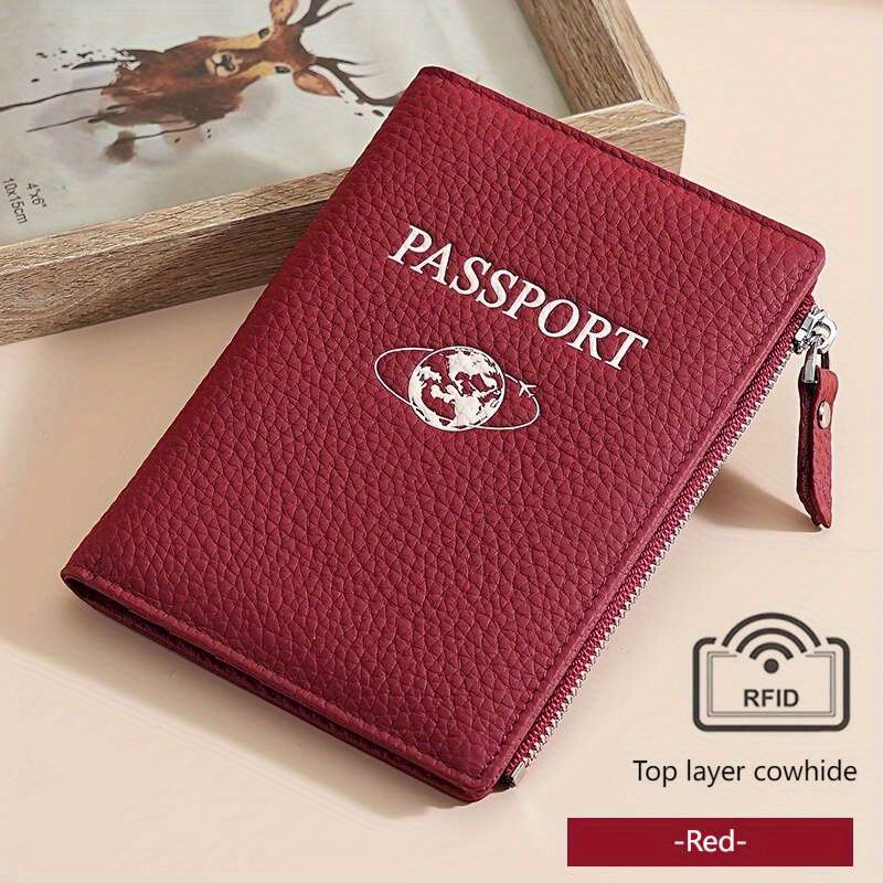 Lychee Grain Genuine Leather Frid Top-grain Cowhide Passport Holder, Ticket Folder, Protective Genuine Leather Case, Passport Wallet, Document Organizer