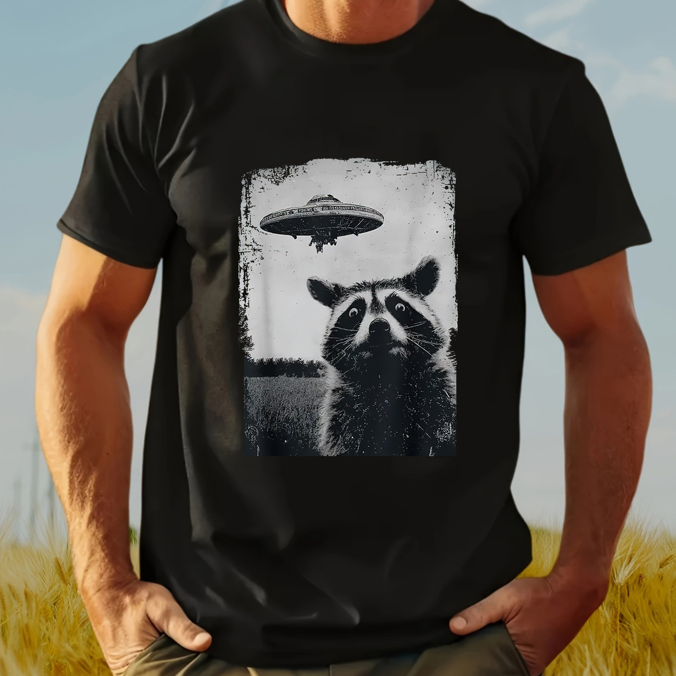 

Men's Cotton Casual Tee - Short Sleeve, Round Neck With Unique Raccoon & Ufo Print - Summer & Sports