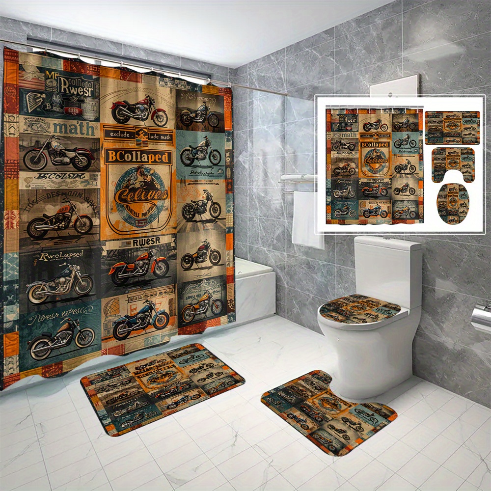 

Vintage Motorcycle Checkered Pattern Waterproof Bath Curtain - Polyester, Machine Washable - 1pc/3pcs/4pcs Set With Hooks Included