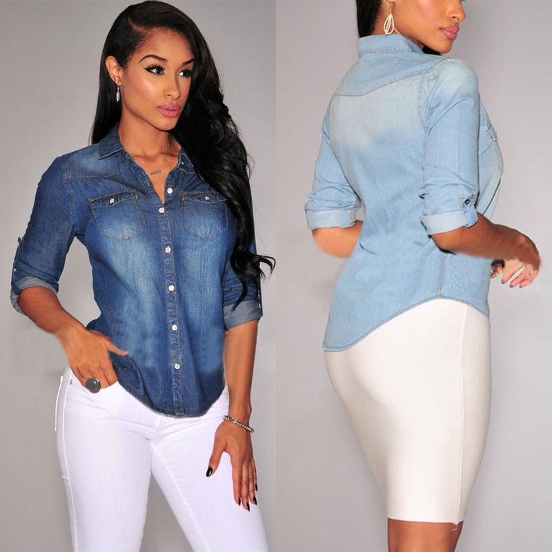 

Women Denim Shirts Adjustable Long Sleeve Collar Single-breasted Blouse Autumn Spring Fashion Slim Tops