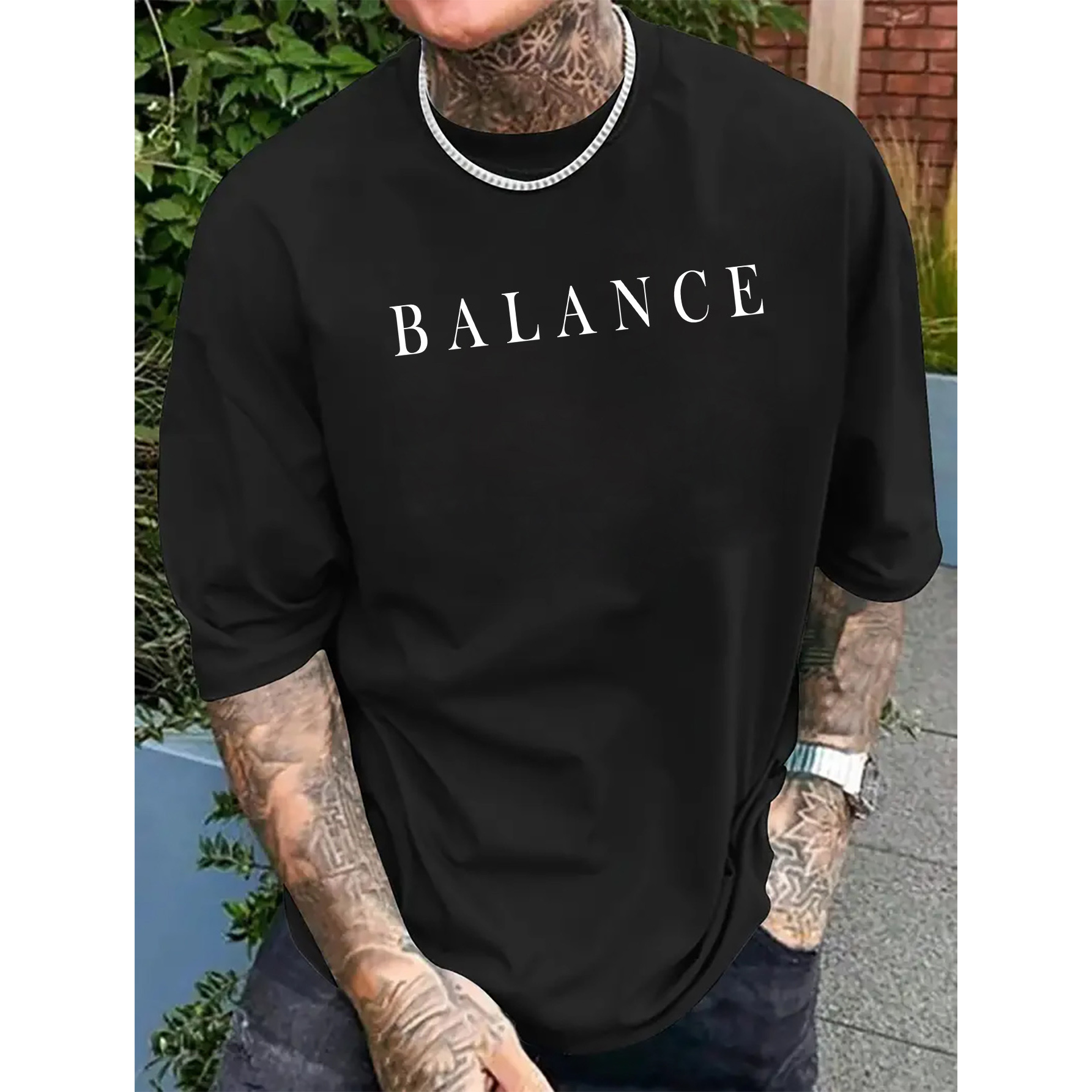 

Bold Fonts Letter Balance Creative Printing Men's Short Sleeve T-shirt, Spring/summer Fashion Tops, Regular Style Fashion Comfortable Crew Neck T-shirt, Suitable For Daily Wear