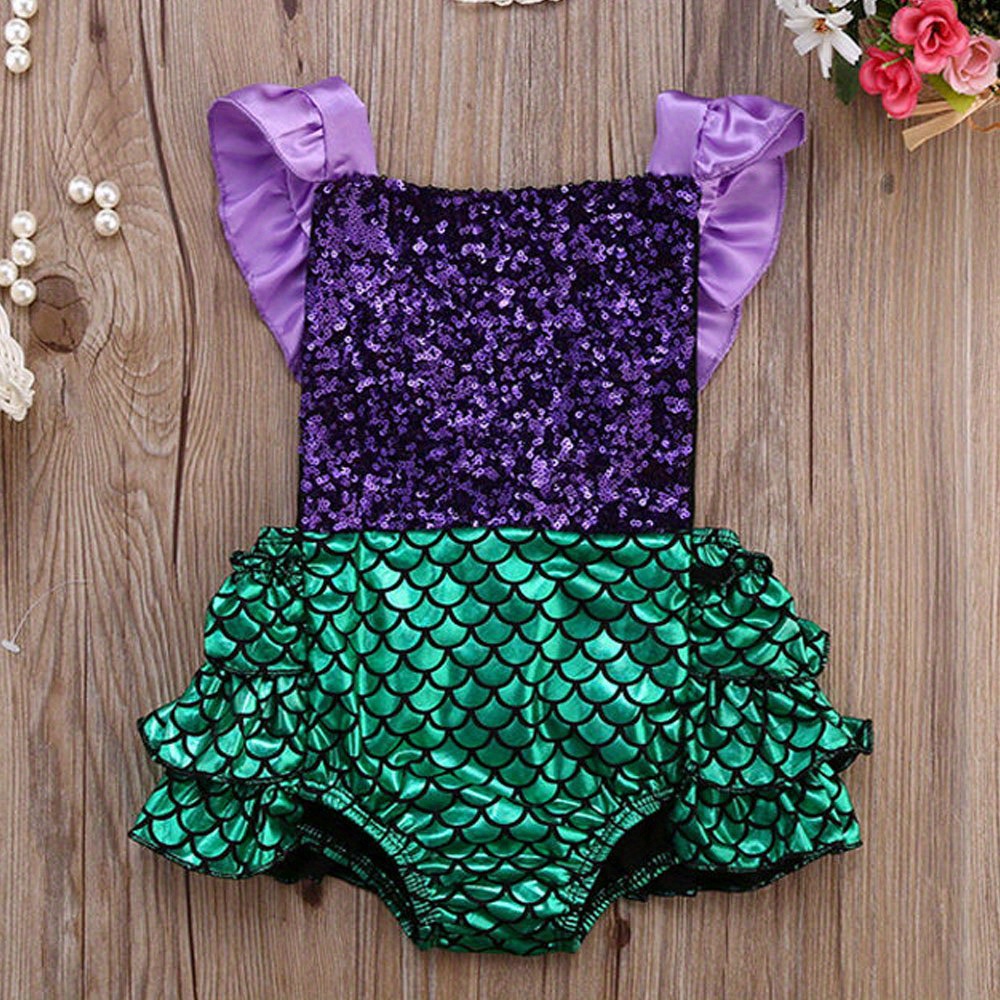 

3-24 Months Newborn Baby Girls Fashion Sequins Mermaid Romper, Backless Ruffle Sleeveless Jumpsuit For Party Vacation