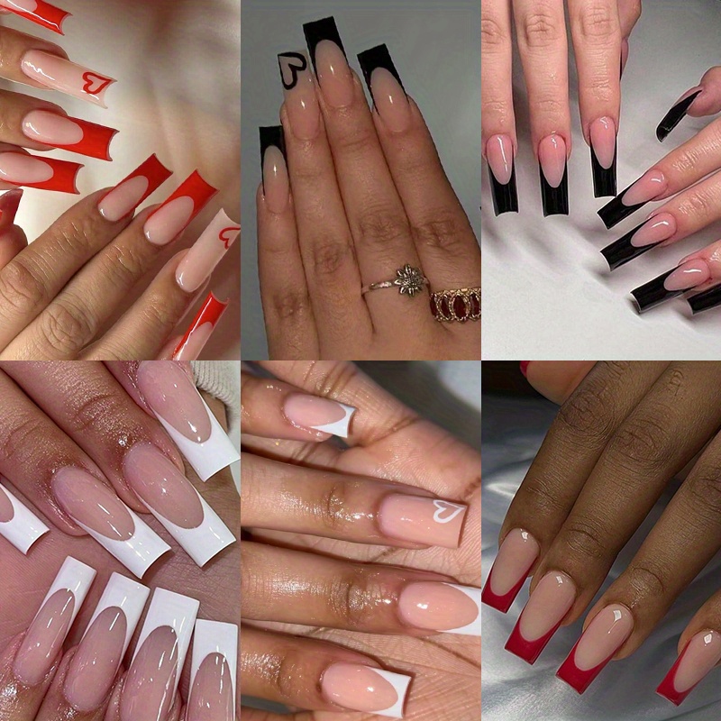TEMU 144pcs (6 Sets) Of Square Press-on Nails, Short Fake Nails In French Acrylic Nude Style, False Nails Designed For Women And, Including 24pcs In