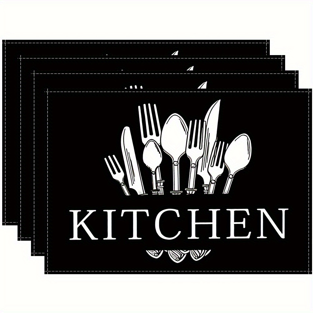 

4-pack Kitchen Placemats, Rectangular Polyester Table Mats, Home & Cafe Decor, Simple Utensil Print, Woven, Hand Wash Only