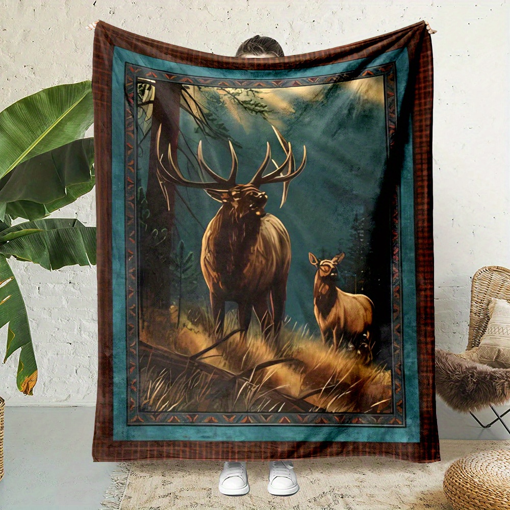 

Rustic Elk And Flannel Throw Blanket - , Non-woven Polyester, Cartoon Theme, Reversible Blanket With 200-250gsm Lightweight Fabric, Country Style Decor