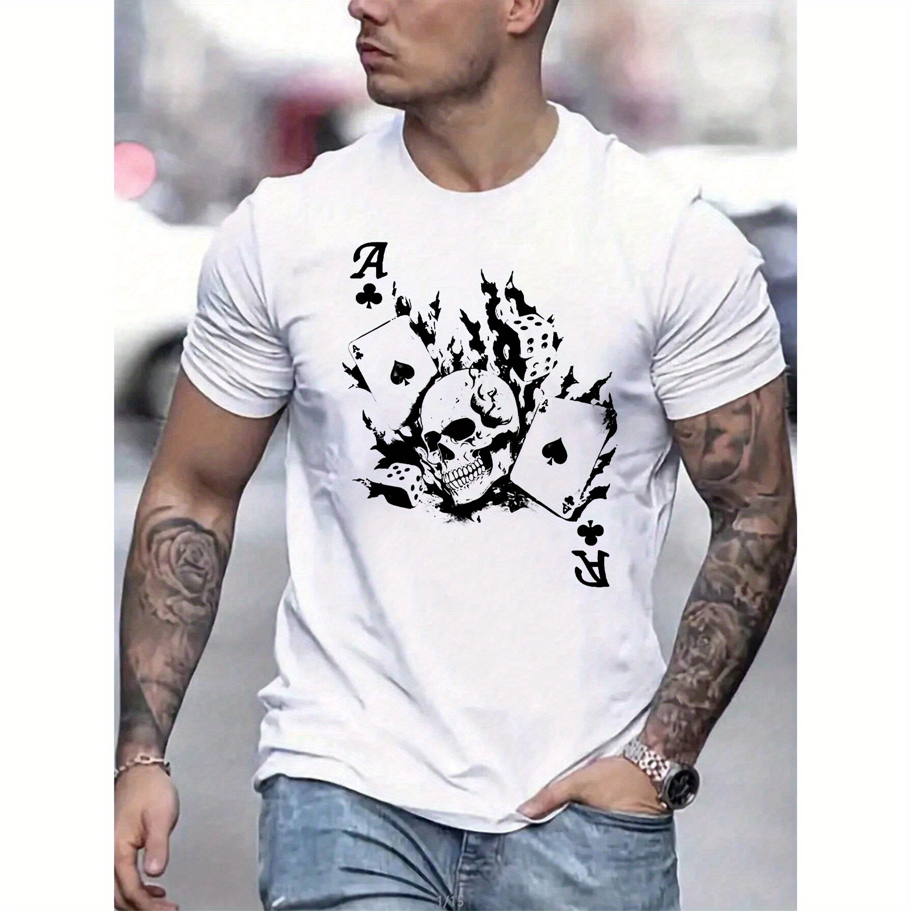 

Skull & Playing Graphic Tee For Men - Fit T-, Polyester,