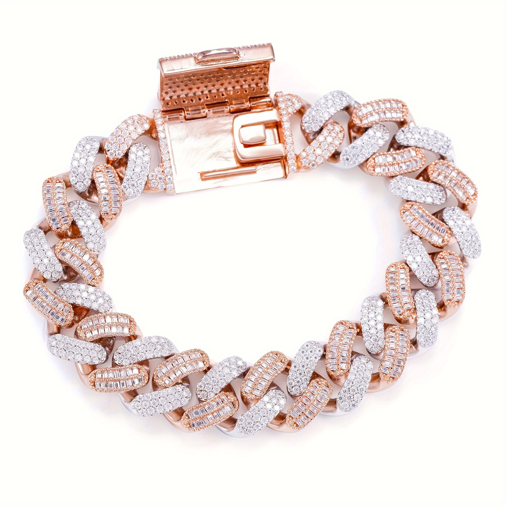 Introducing a New Two-Tone Cuban Chain Bracelet Made of 925 Silver, Measuring 629.92 Inches. This Full Set Features Moissanite And Is Designed for Men Who Appreciate Hip Hop Style. Its Generous And Unique Design Makes It a Fashionable And Trendy Gif