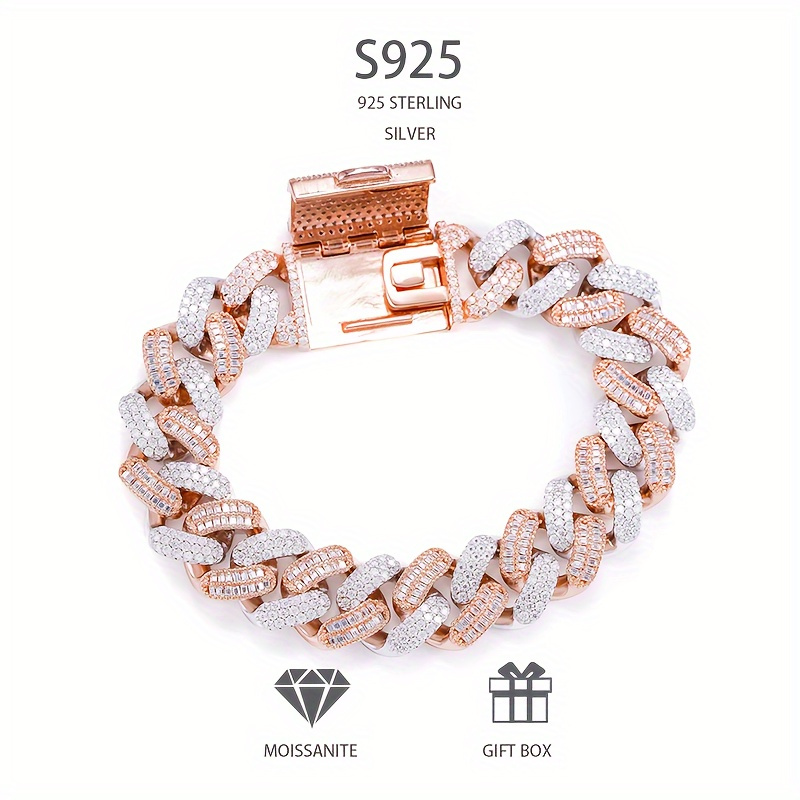 New Two Tone Cuban Chain Bracelet 925 Silvery 629.92inch Moissanite Full Set Men's Hip Hop Hegemony Generous Unique Design Fashion Trendy Best Gift for Father And Boyfriend Party Daily Activity Rock, Party Accessory, Daily Wear Bracelet, Punk Rock