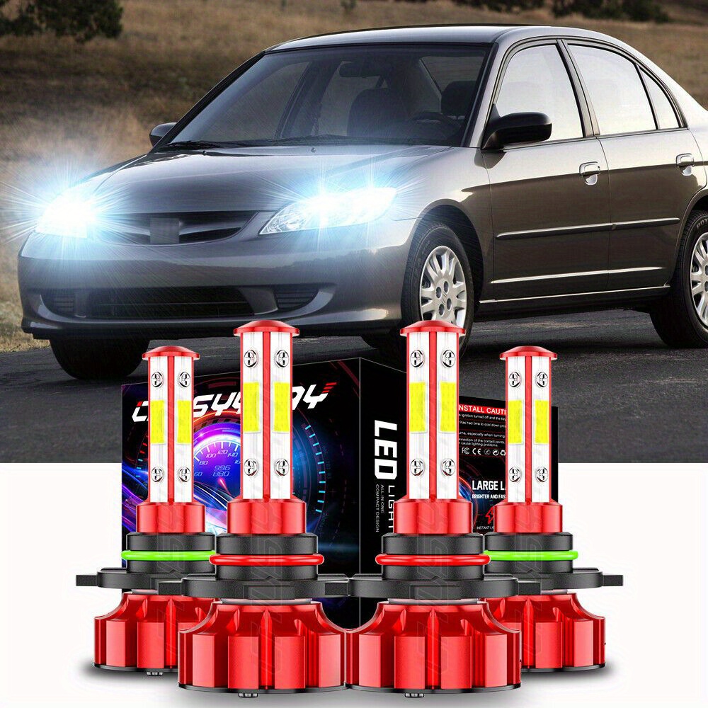 

4pcs Led Bulbs Combo 9005/ Hb3+9006/ Hb4 Fit For Honda Civic 2004-2015 Headlights High/ Low Beam, 9005/ Hb3+9006/ Hb4 Cob Chip 60w 500% Brightness 6000k 6000lm , Pack Of 4