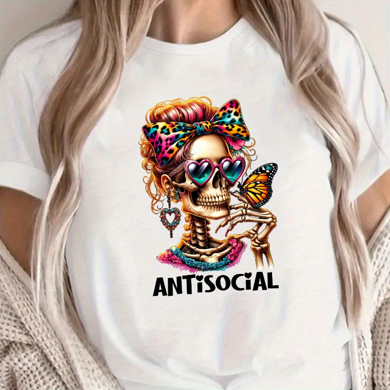 

Short Sleeve Crew Neck T-shirt - Soft, Breathable, Comfortable Casual Top For Summer And Spring - Womens Stylish Clothing For Everyday Wear, Funny Fashion Skull Print T-shirt