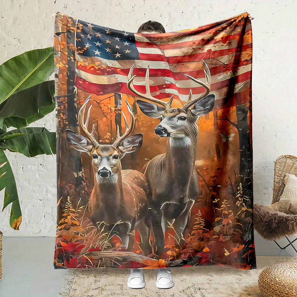 

Cozy Flannel Blanket With Deer & American - Soft, Warm, Reversible Throw In Multiple Sizes For Bed, Sofa, Camping, Travel - , Machine Washable