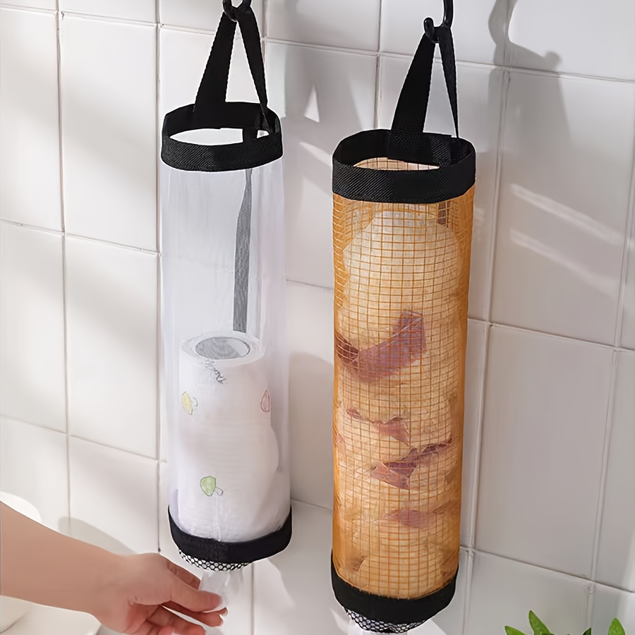 space saving kitchen storage bag wall mounted foldable mesh organizer for disposable bags details 7