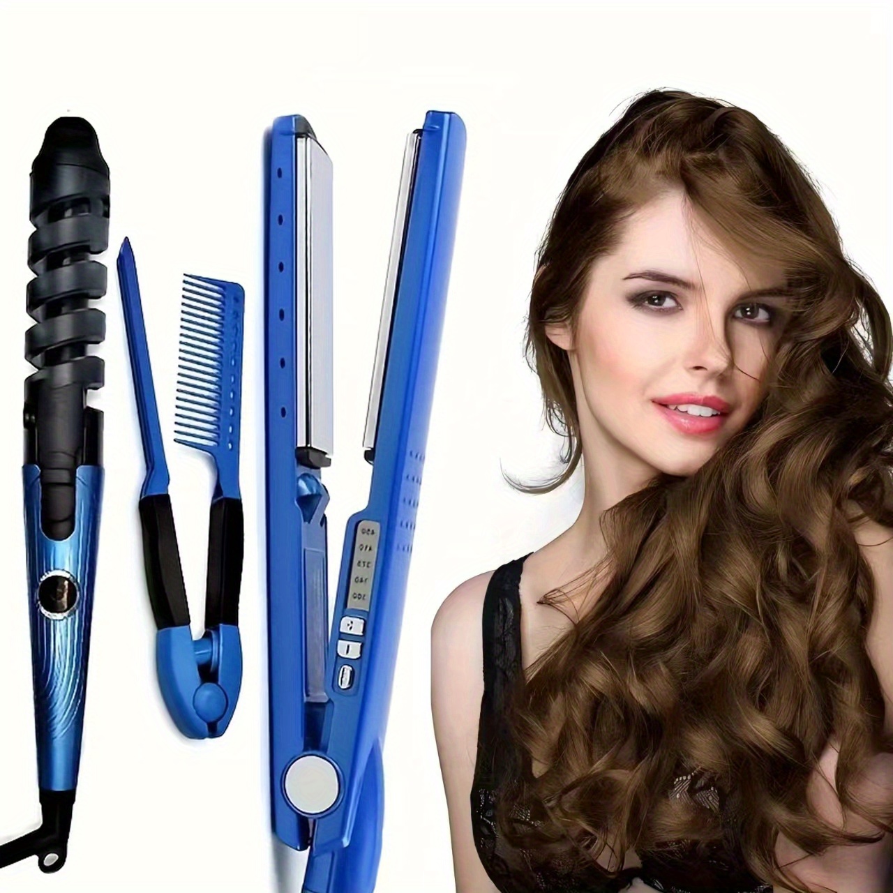 

3pc Hair Straightener Set, Hair Straightener Flat Iron, Hair Curler, V-shaped Comb, Hair Salon Home Multi-function Hairdressing Tool Women's Gift Suitable For All Hair Types