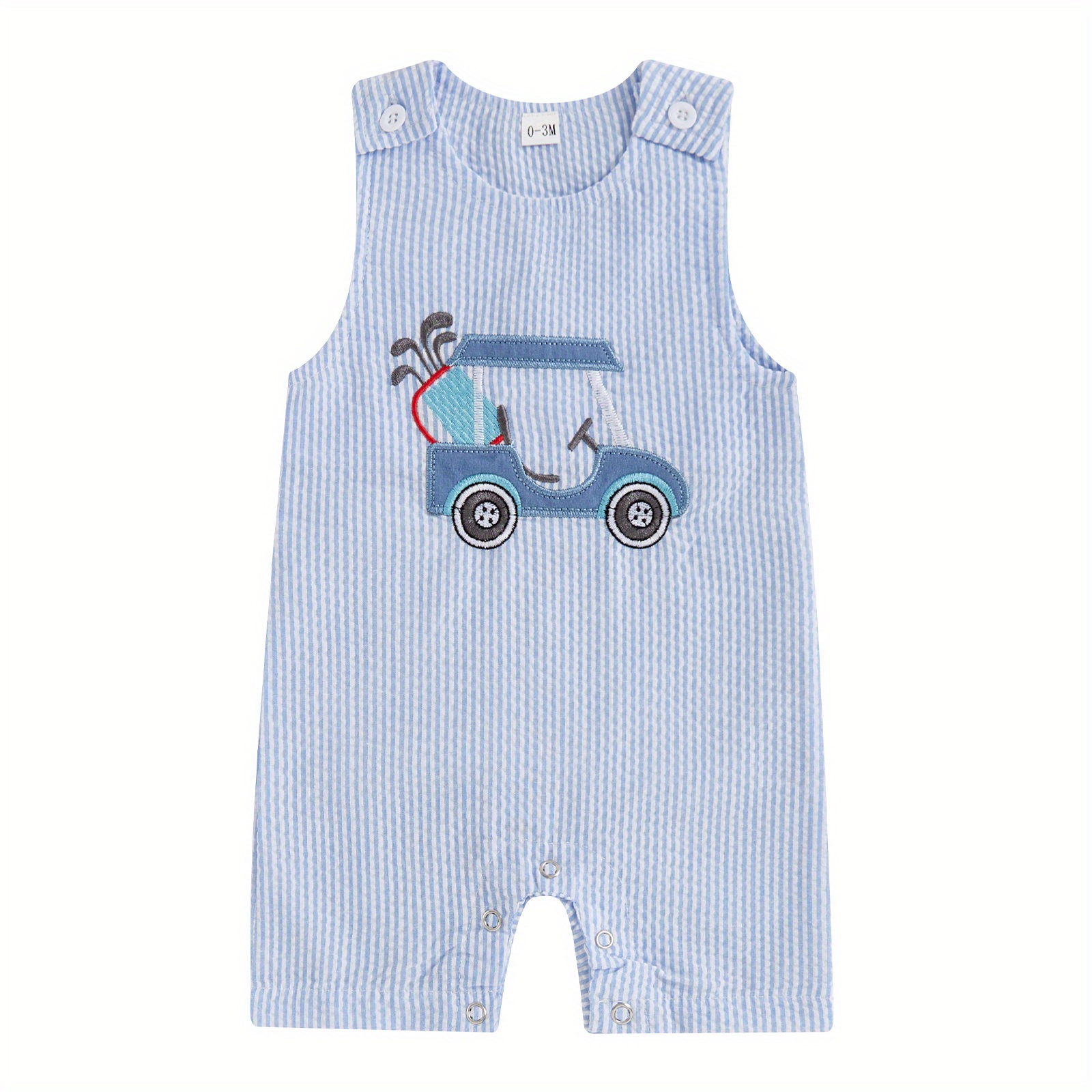 

0-18m Infant Baby Boys Jumpsuit, Sleeveless Crew Neck Striped Embroidery Golf Cart Summer Romper Clothes For Casual Daily