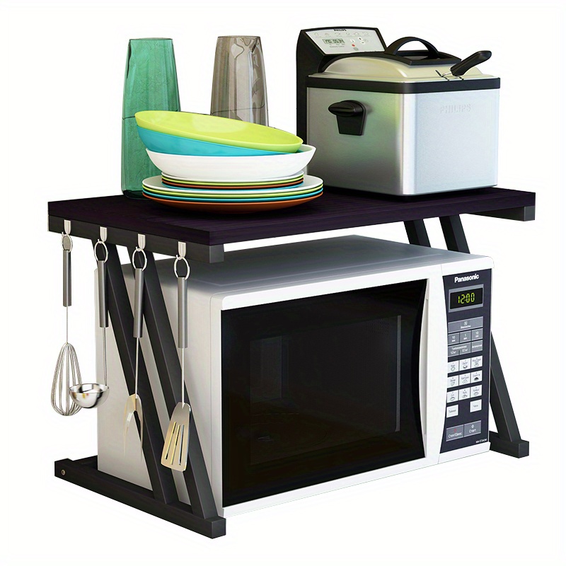E-shop 2-stufiger Mikrowellenständer, Aufbewahrungsregal, Küchenregal mit 4 Haken, 57 x 38 x 38 cm, schwarz