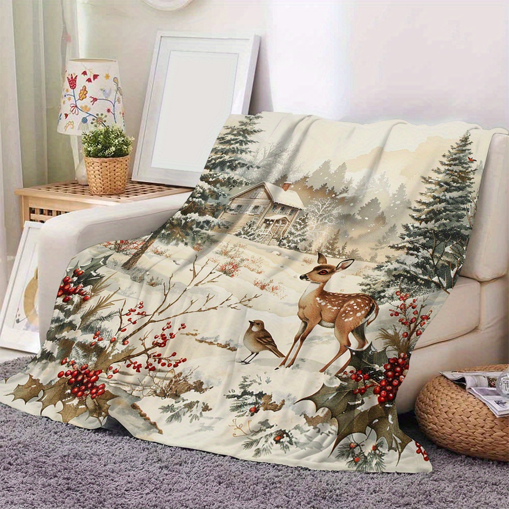 

Festive Winter Wonderland Fleece Throw Blanket With Deer And Birds - Perfect For