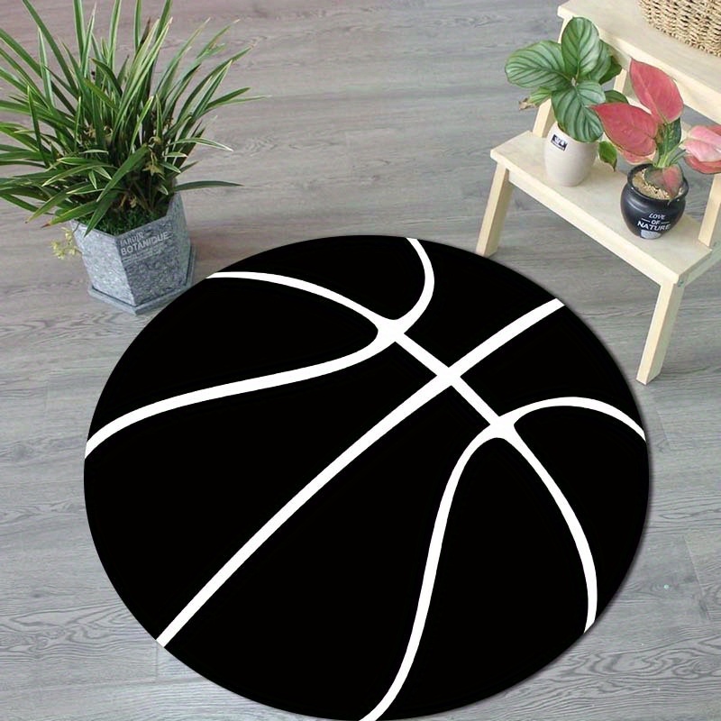 

Black And White Basketball Design Round Non-slip Crystal Velvet Carpet, Perfect For Living Room, Bedroom, And Office Chair Mat - 100% Polyester Fiber, Ideal Festive Gift 800g/m²