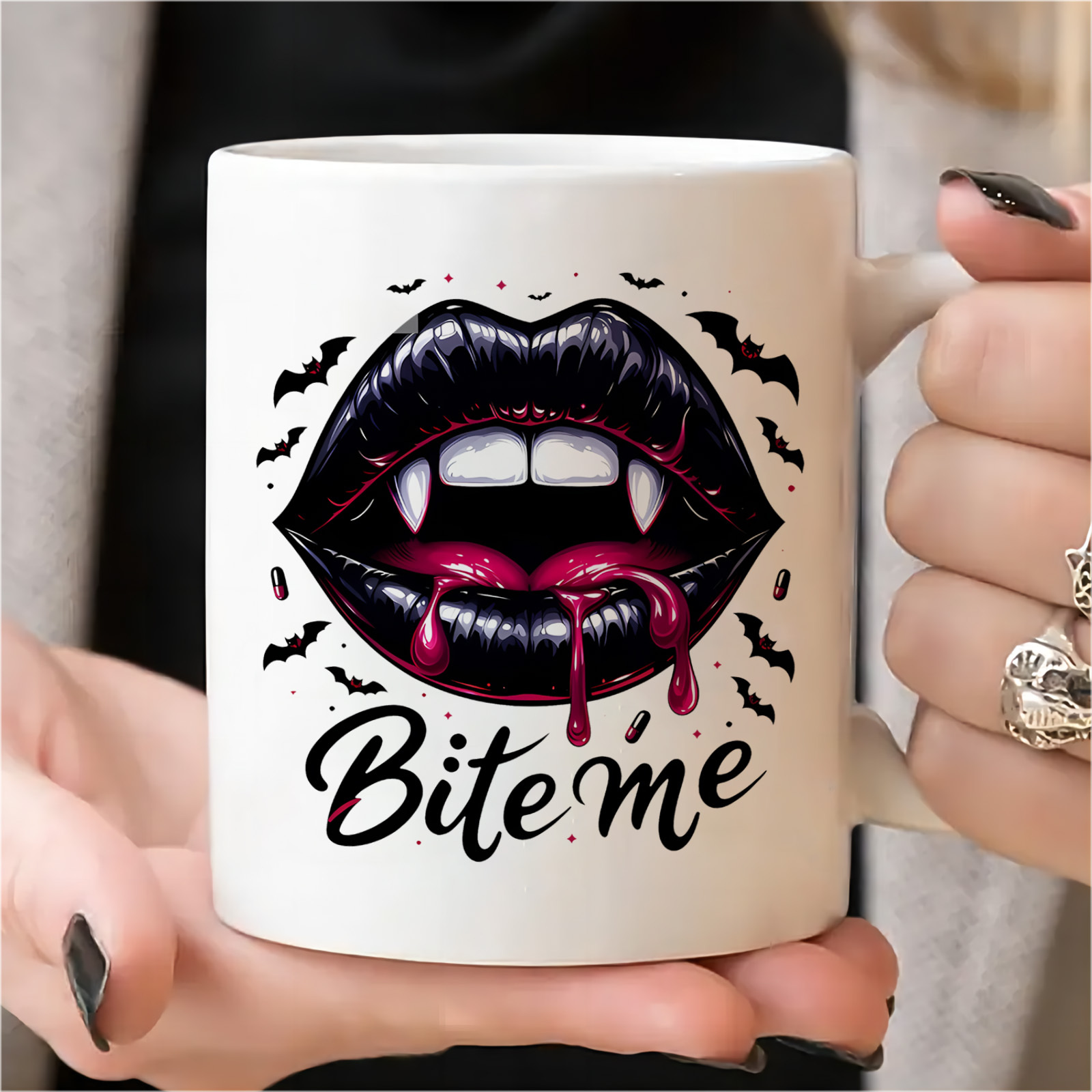 

1pc, 3a Grade, Bite Me, , Funny Mug, Bat Mug, 11oz Ceramic Coffee Mug, Room Decoration, Novelty Gift, Summer And Winter Drinking Mug, Christmas Gift