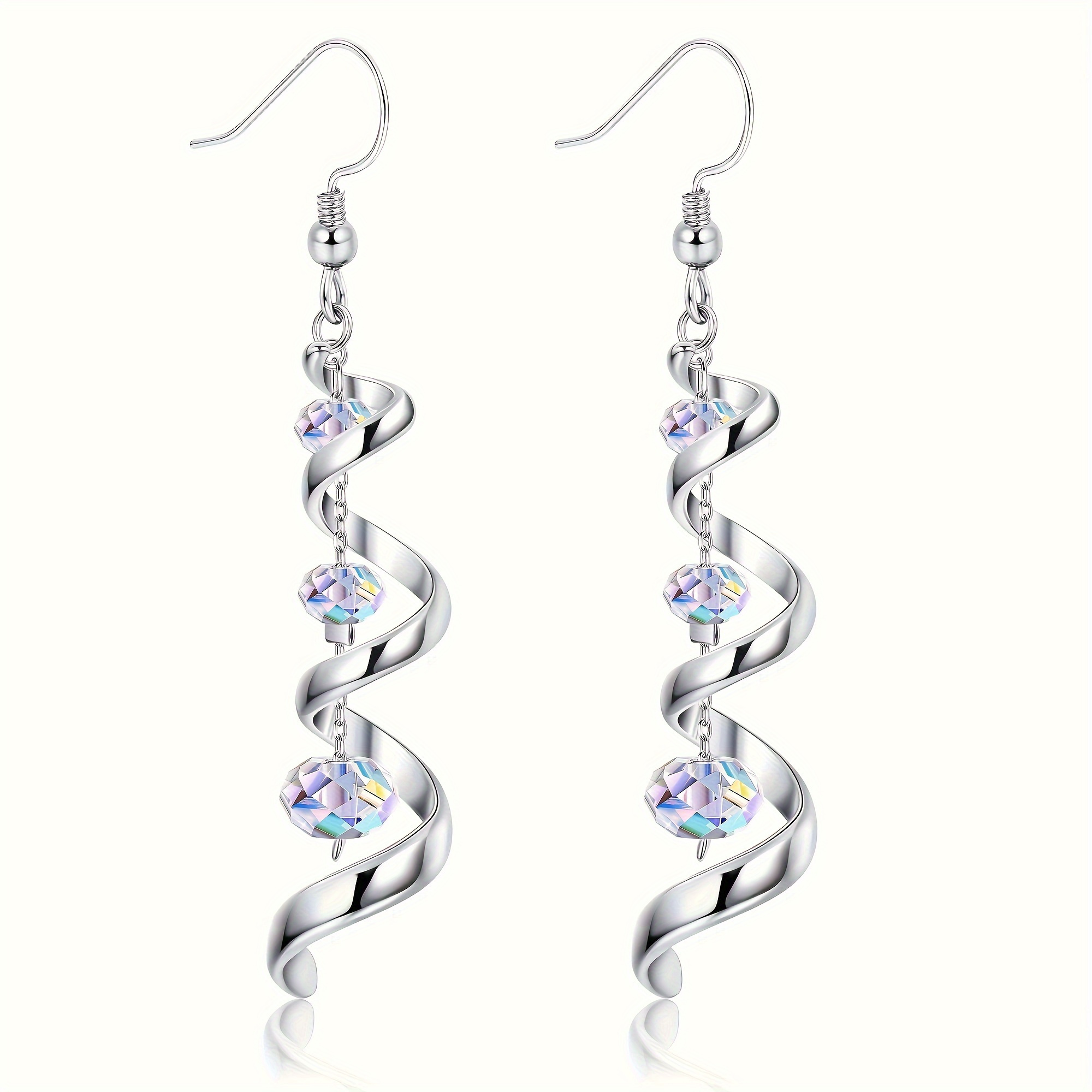 TEMU 925 Silver Plated Hypoallergenic Earrings Exquisite Spiral Drop Earrings Sparkling Artificial Crystal Iridescent Decoration Drop Earrings Exquisite Women's Gift Delivery