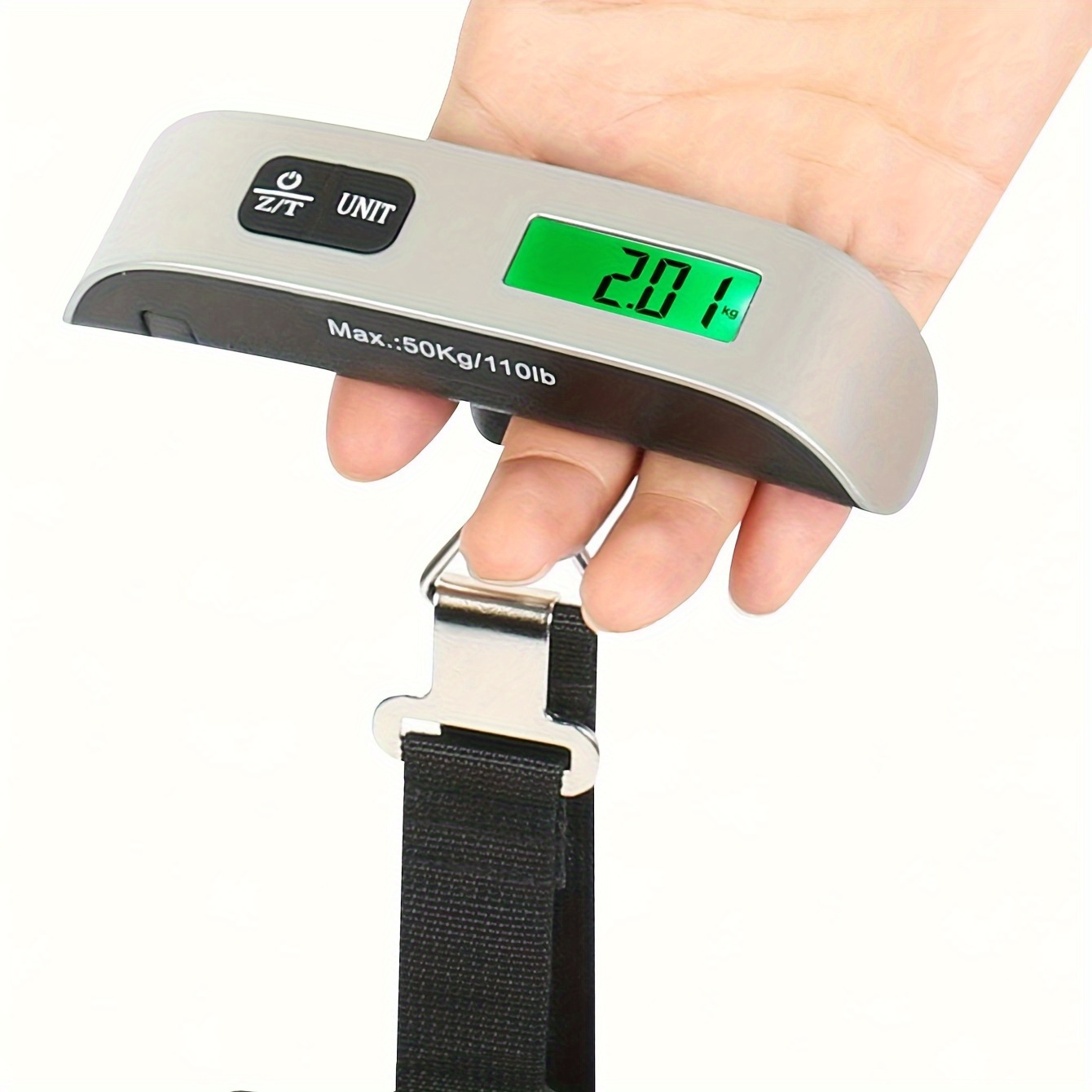 digital luggage scale 110lb   with backlight lcd metal handheld portable hanging baggage weight scale dry battery powered with 1pc button battery included   function not for food contact details 2